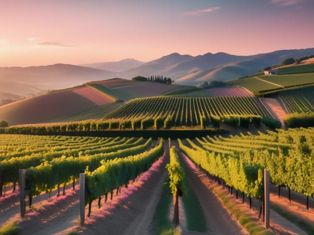 Paisaje idílico de viñedos y montañas, con atardecer cálido - Películas sobre viñedos y vinos