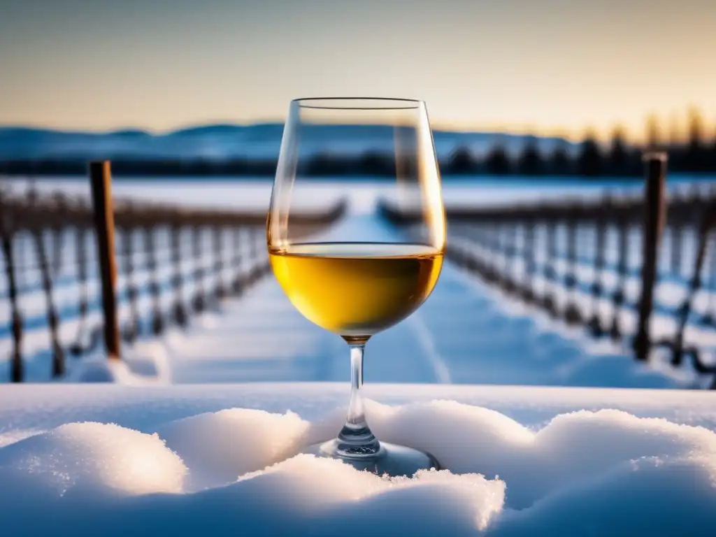 Paisaje invernal en la región vinícola de Canadá con viñedos nevados y copa de Icewine Festival