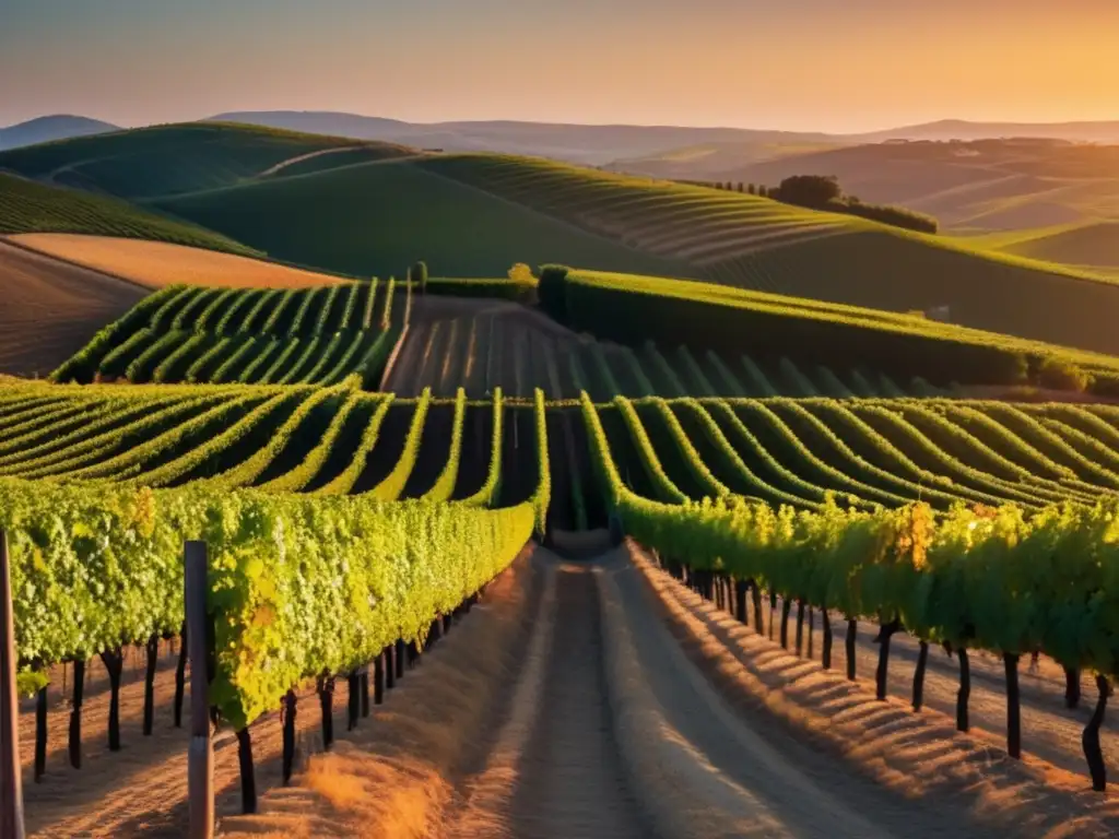 Paisaje minimalista de viñedo al atardecer: Influencia Alvaro Palacios vinos