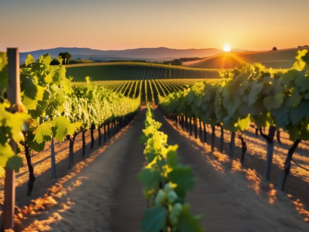 Paisaje minimalista de viñedo al atardecer con uva Fiano: Antigua uva Campania