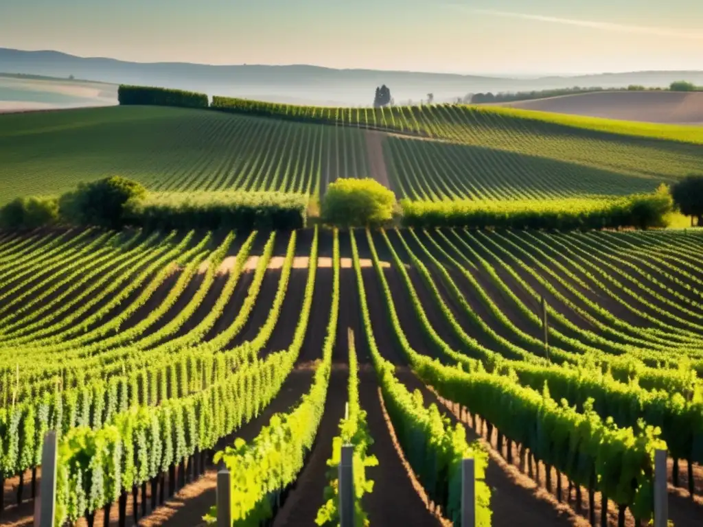 Paisaje minimalista de viñedo, con filas de vides que se extienden en la distancia