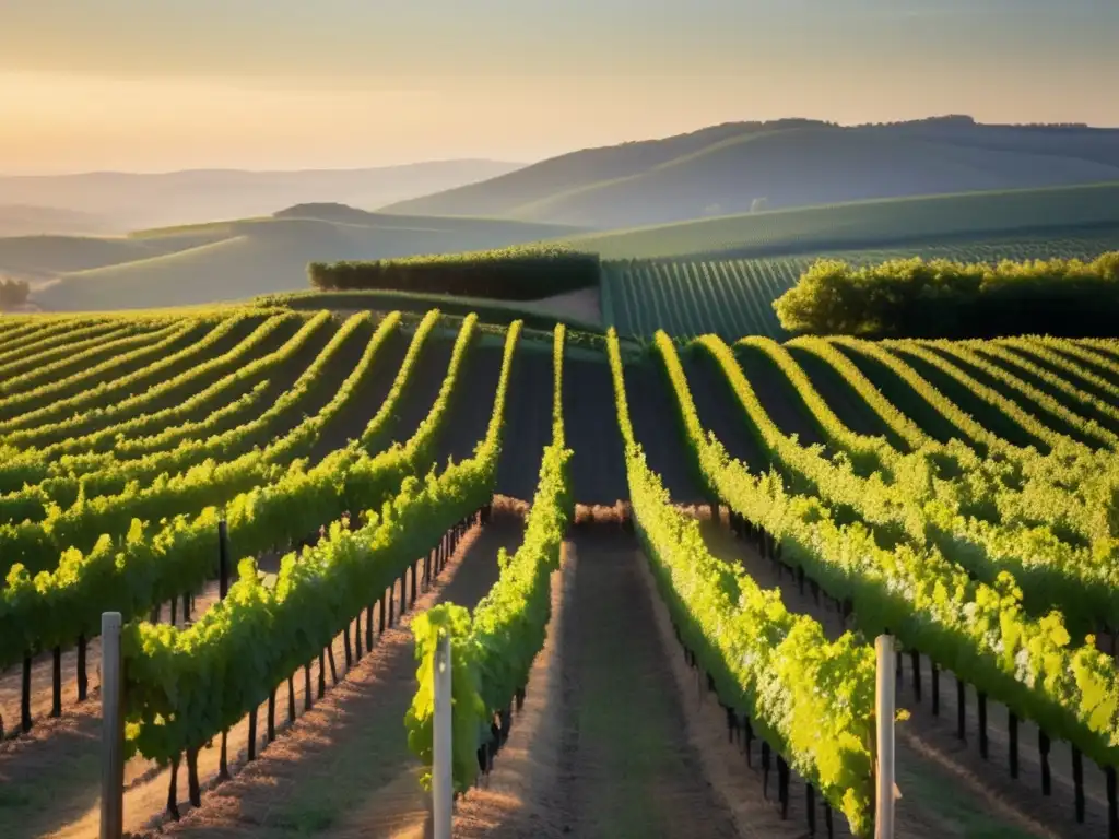 Paisaje minimalista de viñedo, con filas de uvas ordenadas hacia el horizonte