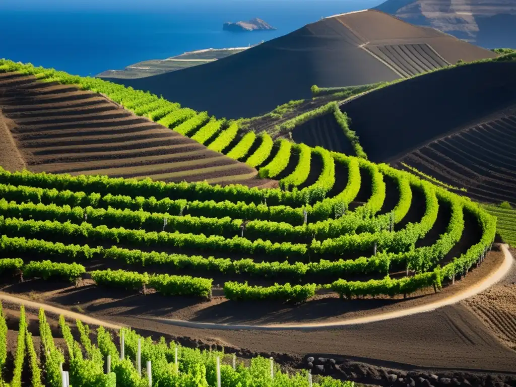 Guía vino Assyrtiko Santorini: paisaje minimalista de viñedos en Grecia