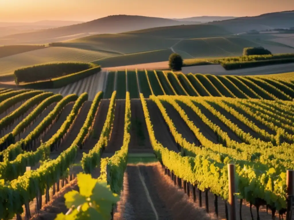 Paisaje minimalista de viñedos europeos al atardecer, integrando la viticultura y la integración europea