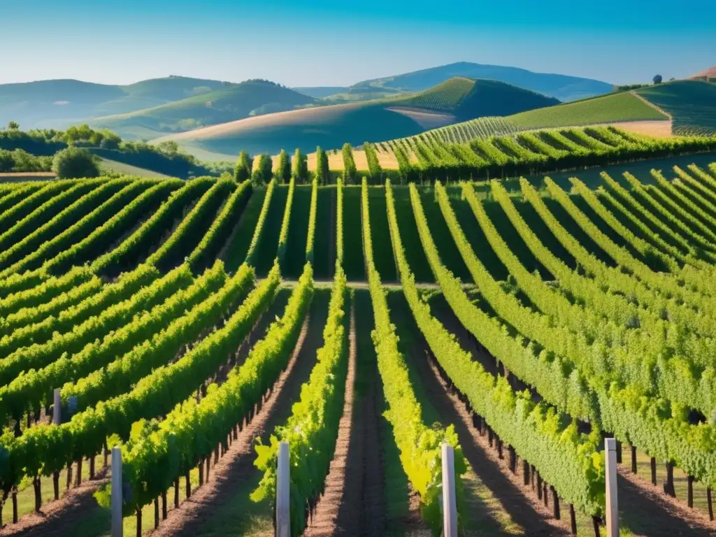 Paisaje minimalista de viñedos con filas de uvas verdes y colinas exuberantes