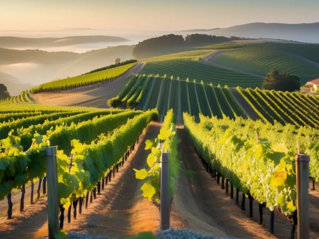 Paisaje minimalista de viñedos en Rías Baixas con trayectoria de Marisol Bueno