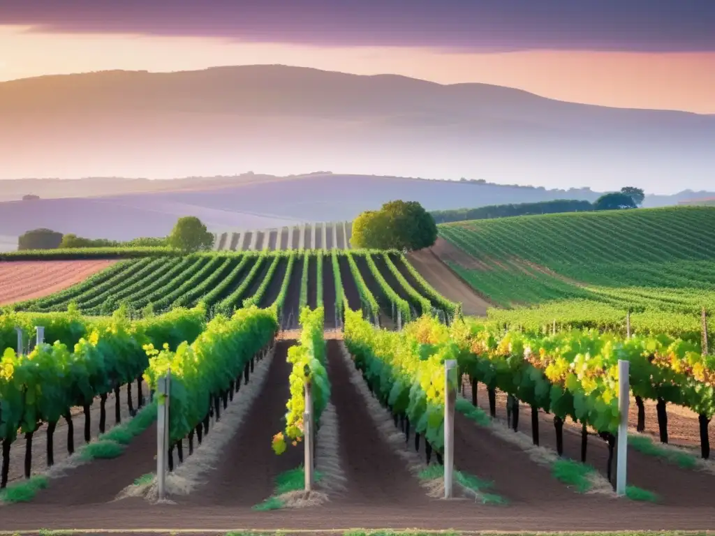 Paisaje minimalista de viñedos con vides y uvas, resaltando la adaptación al cambio climático