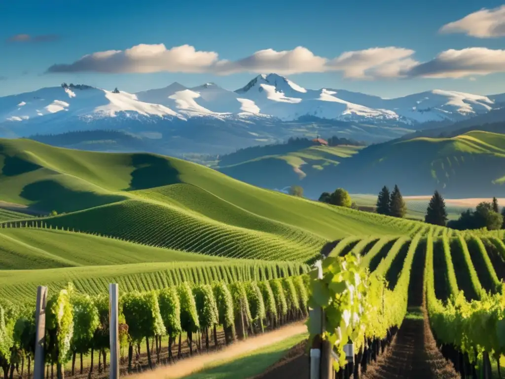 Paisaje pintoresco del Pacífico Noroeste con viñedos verdes y montañas nevadas, ideal para artículo de vinos Pinot Noir y salmón