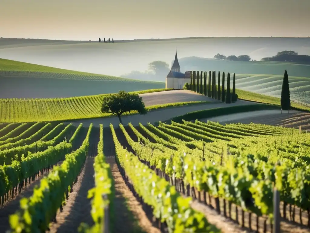 Paisaje sereno y elegante de viñedos en Burdeos, reflejando la historia de los vinos del siglo XVIII