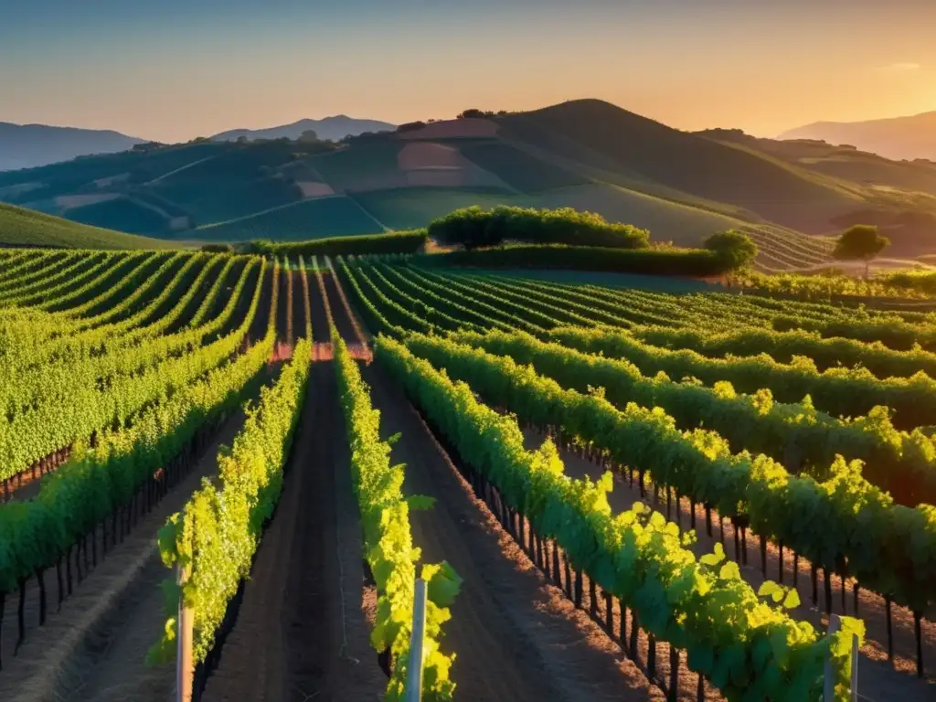 Un paisaje sereno y elegante de viñedos al atardecer, representando los retos y oportunidades del mercado de vinos de México