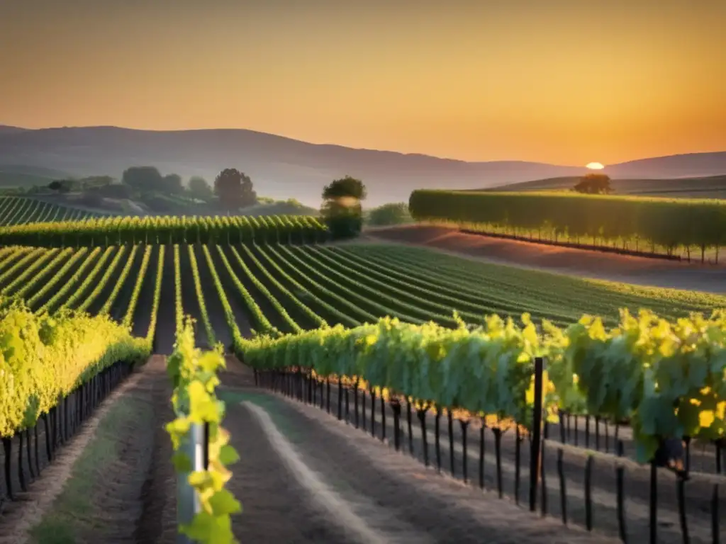 Paisaje sereno de una viña al atardecer con diferencias culturales vinos veganos