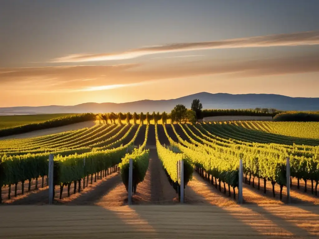 Paisaje sereno de viñedo al atardecer, invitando a visitar bodegas y vivir una experiencia única