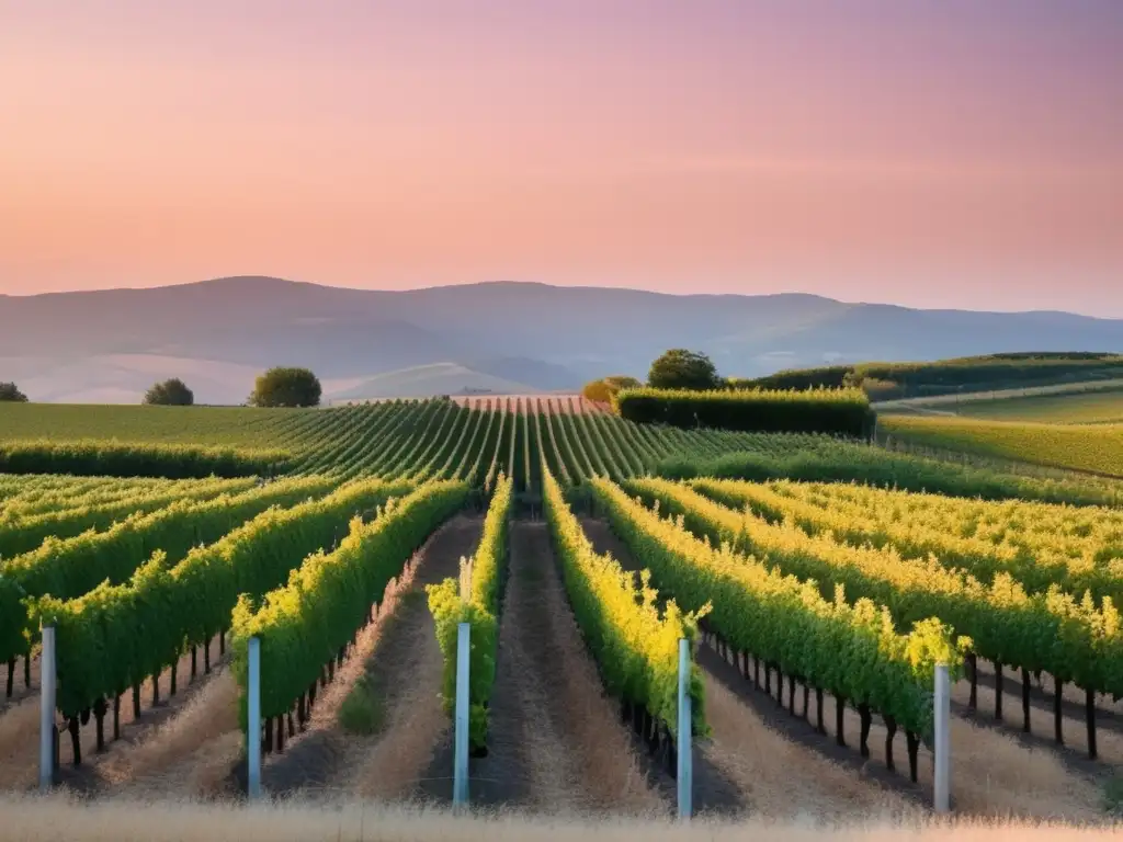 Paisaje sereno de viñedo al atardecer con uvas - Prevención de resaca al beber vino