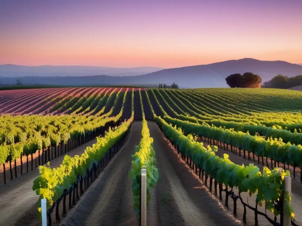 Paisaje sereno de viñedo al atardecer, con filas ordenadas de vides en colores cálidos