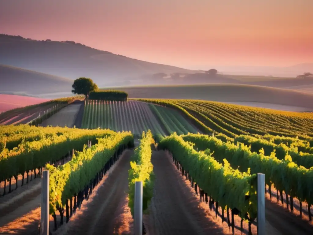 Paisaje sereno de viñedo al atardecer