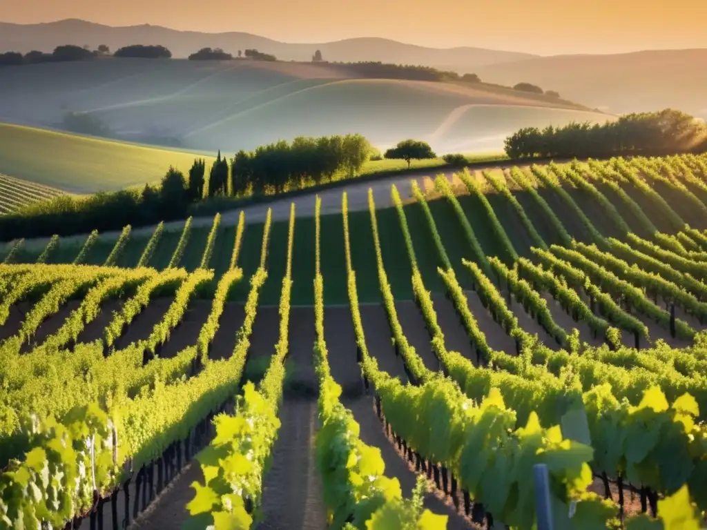 Paisaje sereno de viñedo al atardecer inspira música clásica en vinos