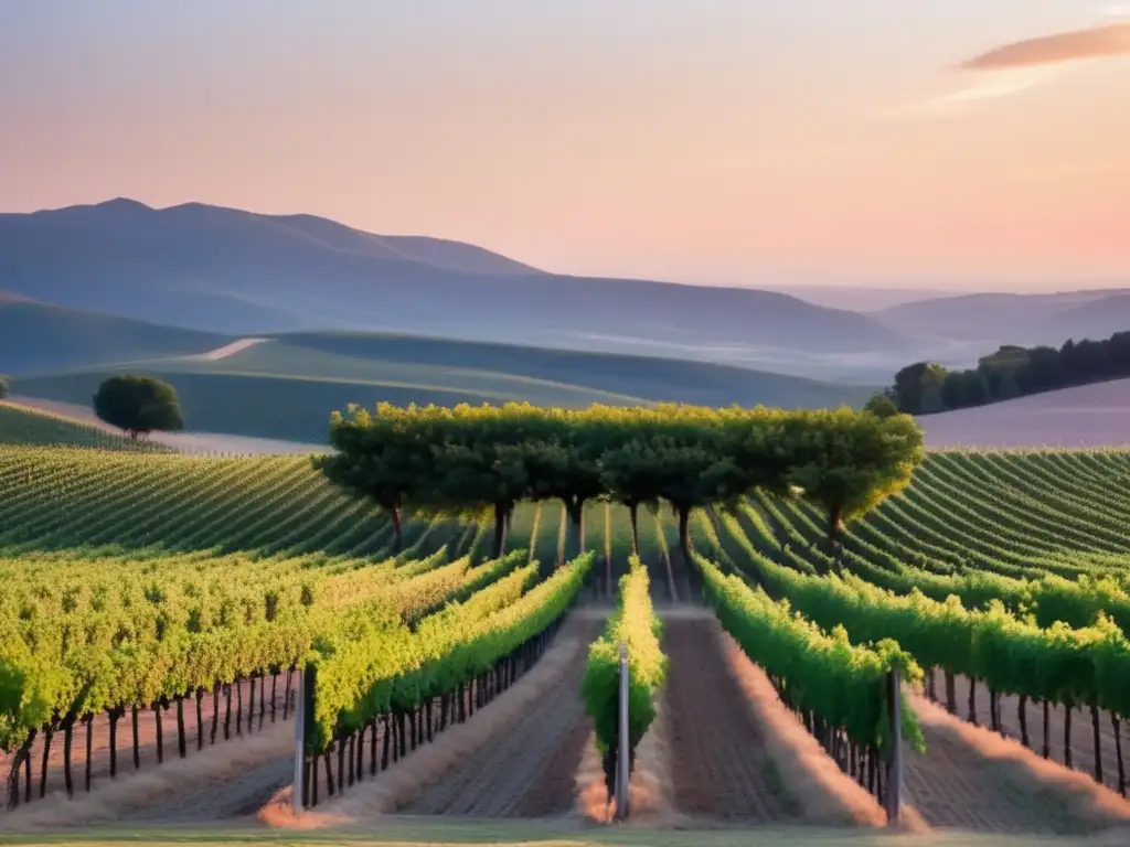 Paisaje sereno de viñedo al atardecer resalta técnicas de preservación en viñedos históricos