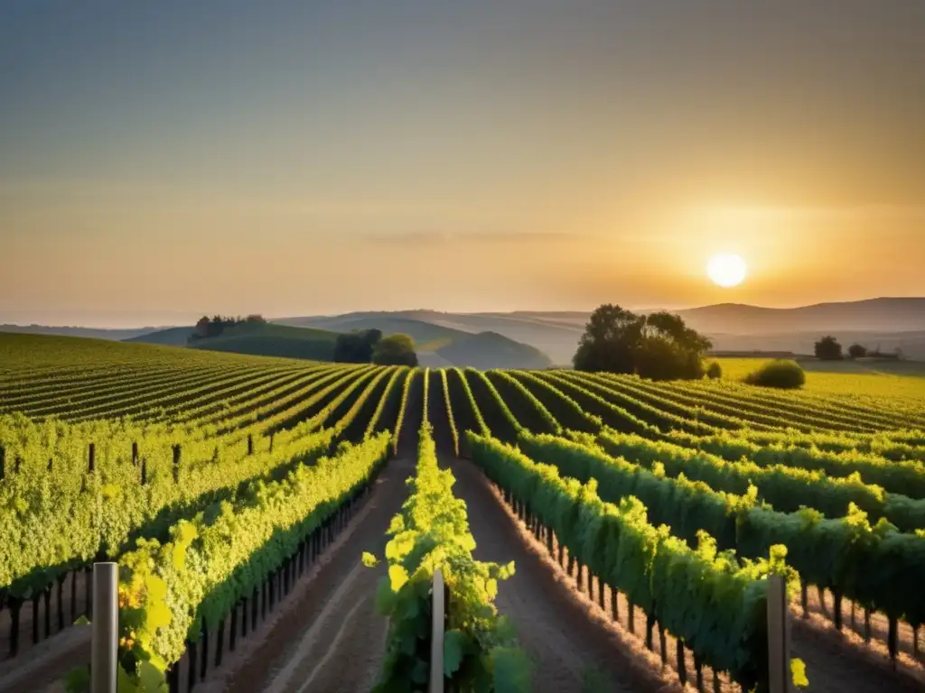 Paisaje sereno de viñedo al atardecer - Historia del vino y mitología