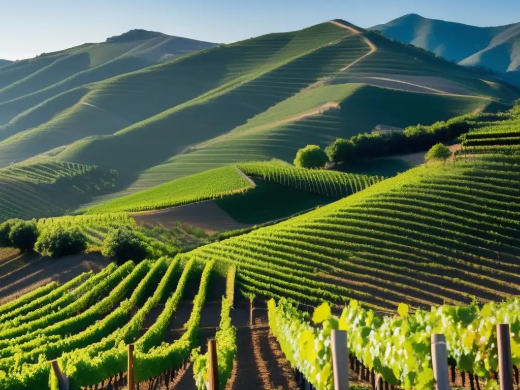 Paisaje sereno de viñedo en montaña, con filas de uvas alineadas y una viña en primer plano