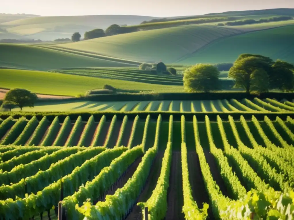 Paisaje sereno: viñedo y colinas verdes Paisaje sereno con viñedo y uvas maduras para vinos espumosos y afternoon tea