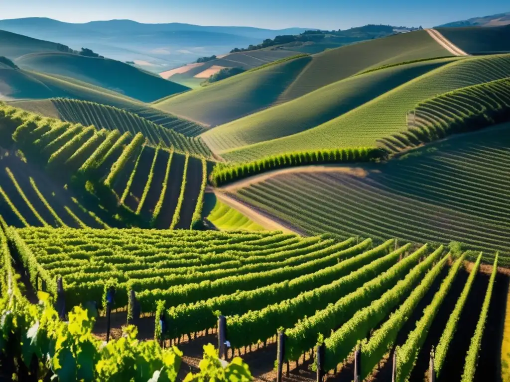 Paisaje sereno de viñedos adaptados a microclimas y Denominaciones de Origen