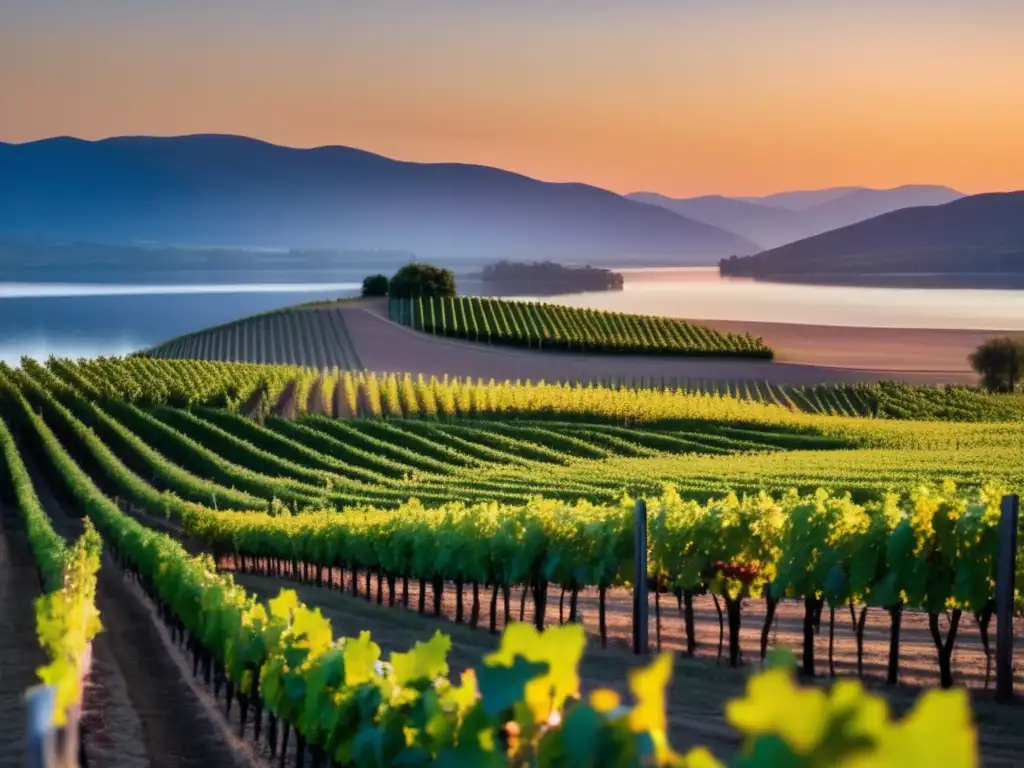 Paisaje sereno de viñedos al atardecer - Vino como motor desarrollo social