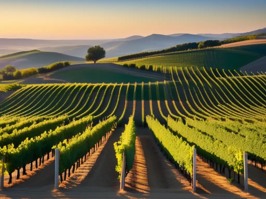 Paisaje sereno de viñedos al atardecer, destacando la filosofía vitivinícola contemporánea