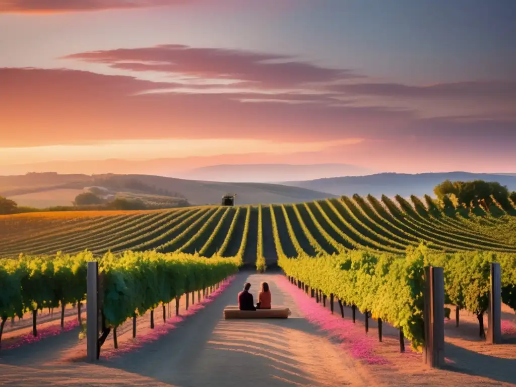 Paisaje sereno de viñedos al atardecer, con pareja disfrutando vino espumoso - Ruta del vino espumoso mundial