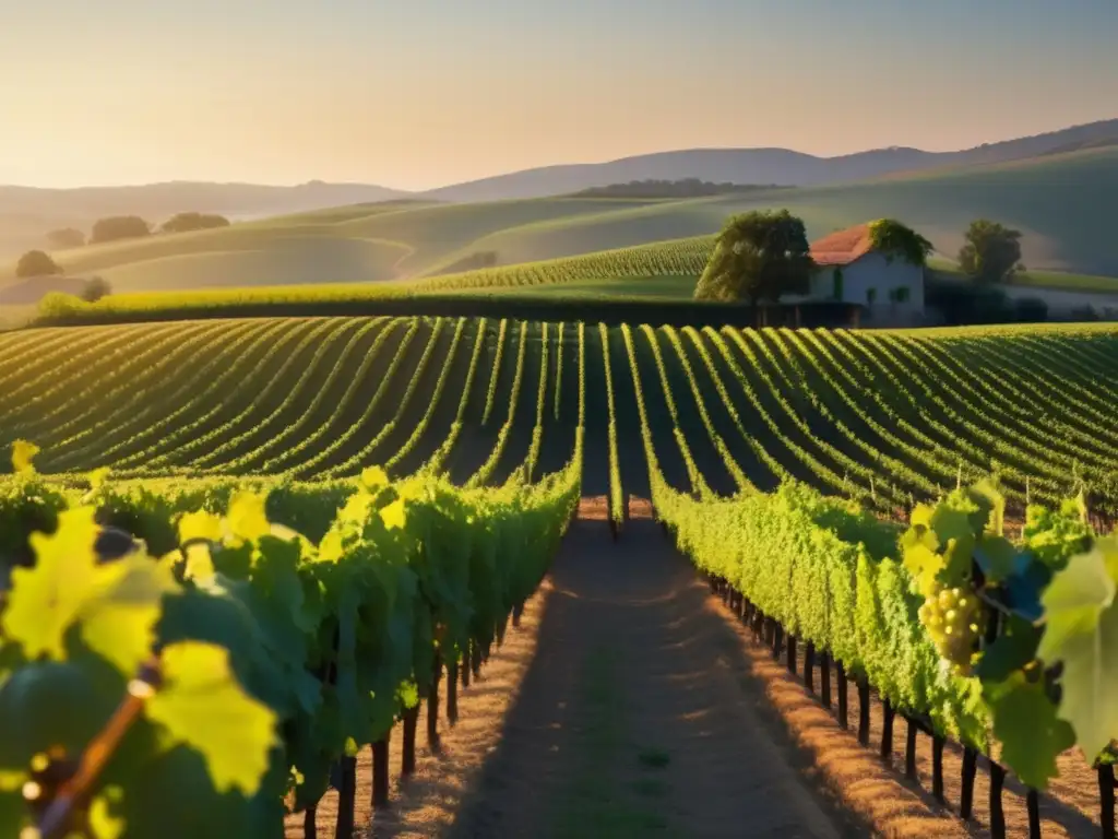 Paisaje tranquilo de viñedo al amanecer destacando la belleza de la producción de vinos orgánicos