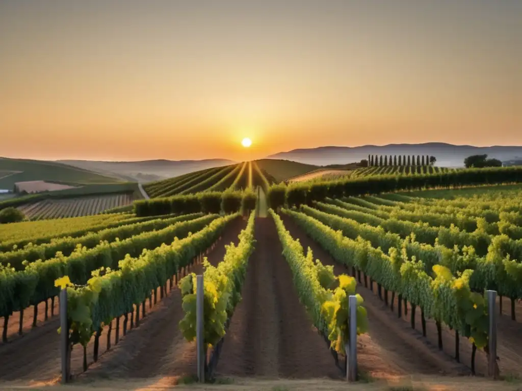 Paisaje de viñedo al atardecer con actividades en viñedos para familias