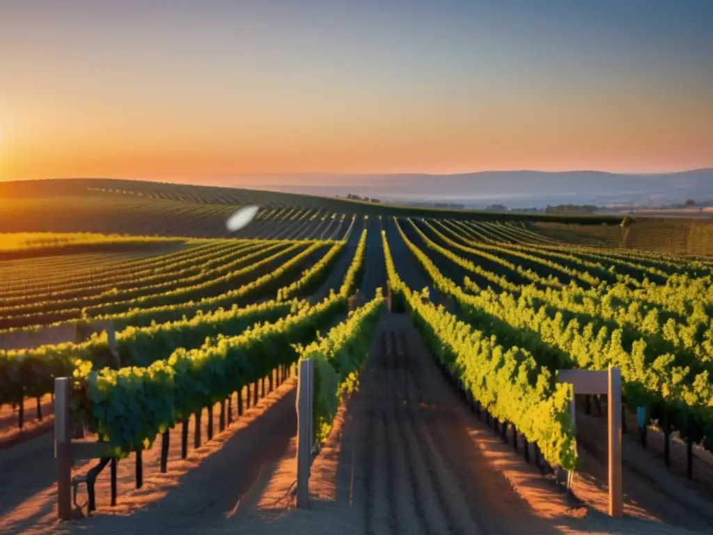 Paisaje de viñedo al atardecer, armonía tecnológica y prácticas sostenibles