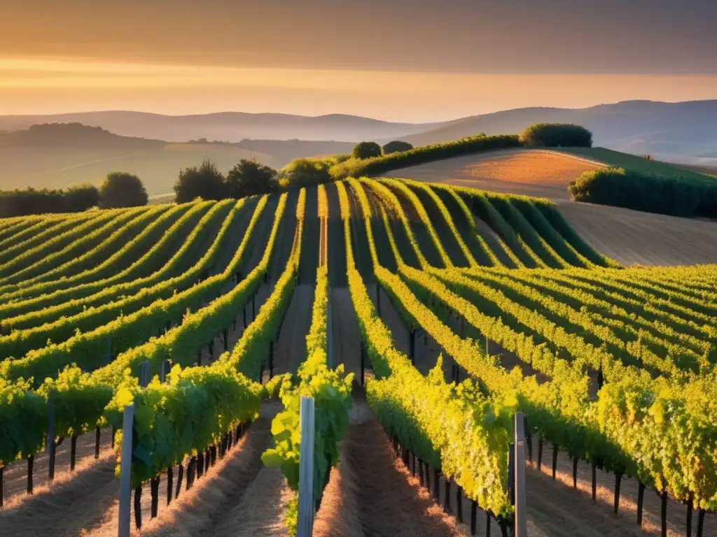 Paisaje de viñedo al atardecer, resaltando la armonía entre naturaleza y viticultura