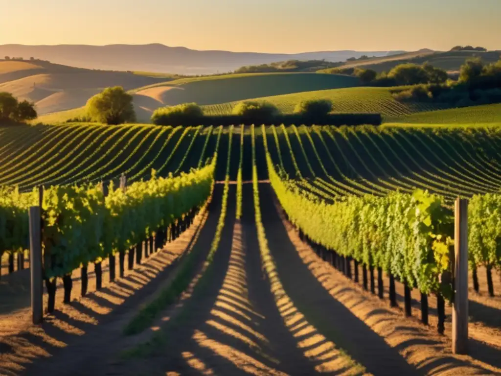 Paisaje de viñedo al atardecer, resaltando la armonía entre naturaleza y producción de vino