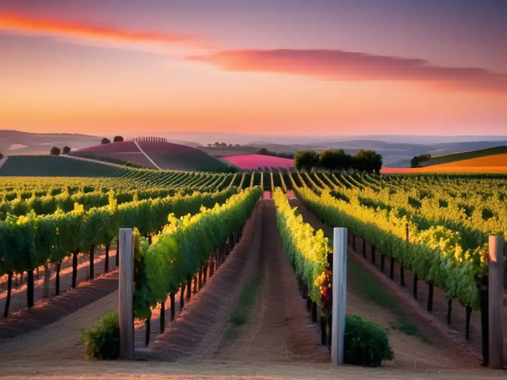 Paisaje de viñedo al atardecer, simbolizando la armonía entre la naturaleza y la biotecnología enológica