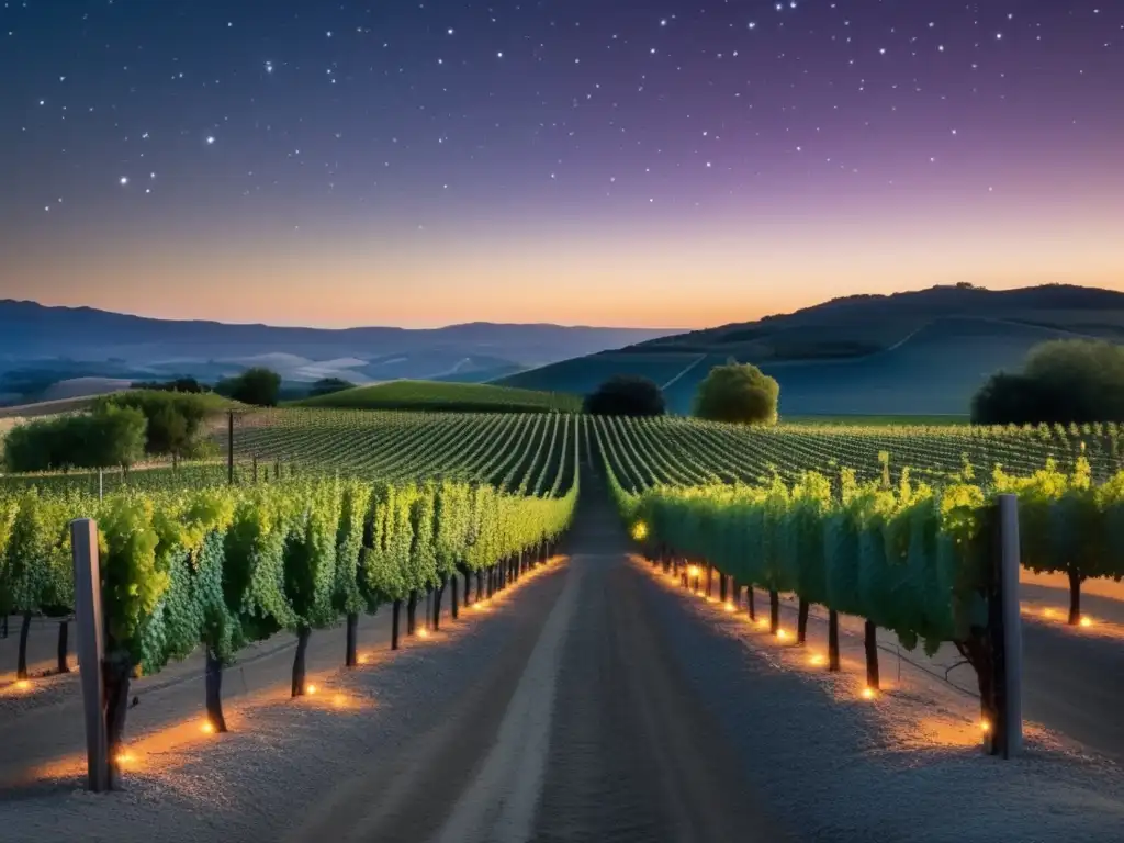 Paisaje de viñedo al atardecer con astrología en la viticultura