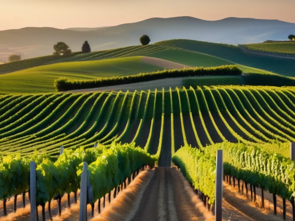 Paisaje de viñedo al atardecer, resalta beneficios vinos veganos saludables