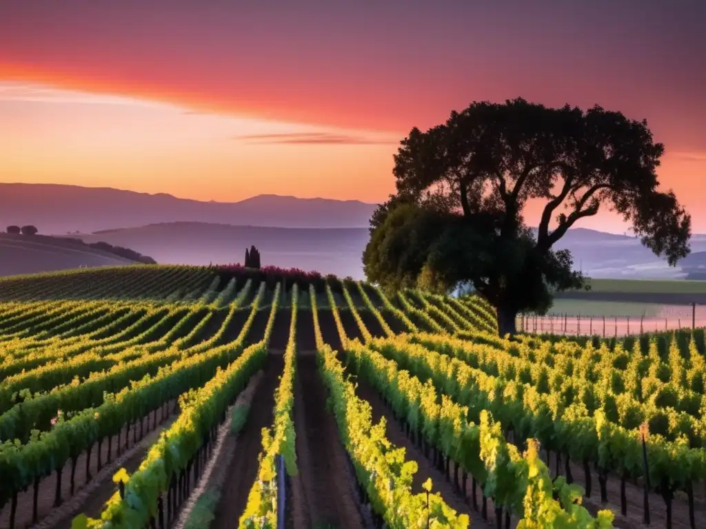 Paisaje de viñedo al atardecer; colores vibrantes, cuidador solitario, resiliencia viticultura ante la plaga Filoxera