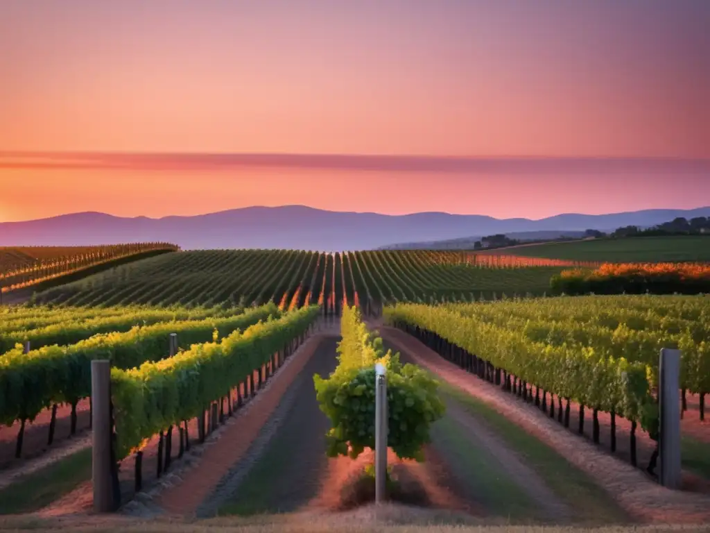 Paisaje de viñedo al atardecer, con filas de vides ordenadas hacia el horizonte