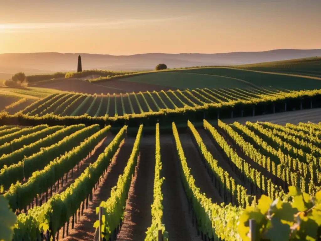 Paisaje de viñedo al atardecer con filas de vides perfectamente alineadas