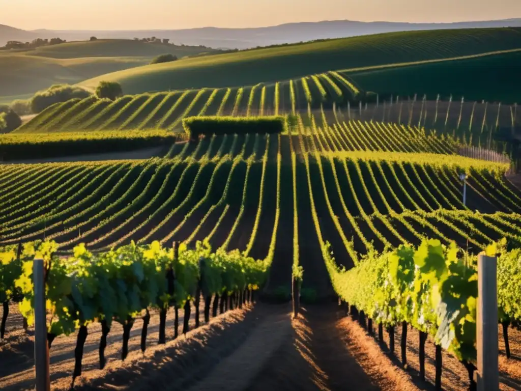 Paisaje de viñedo al atardecer, resalta importancia del suelo en el vino