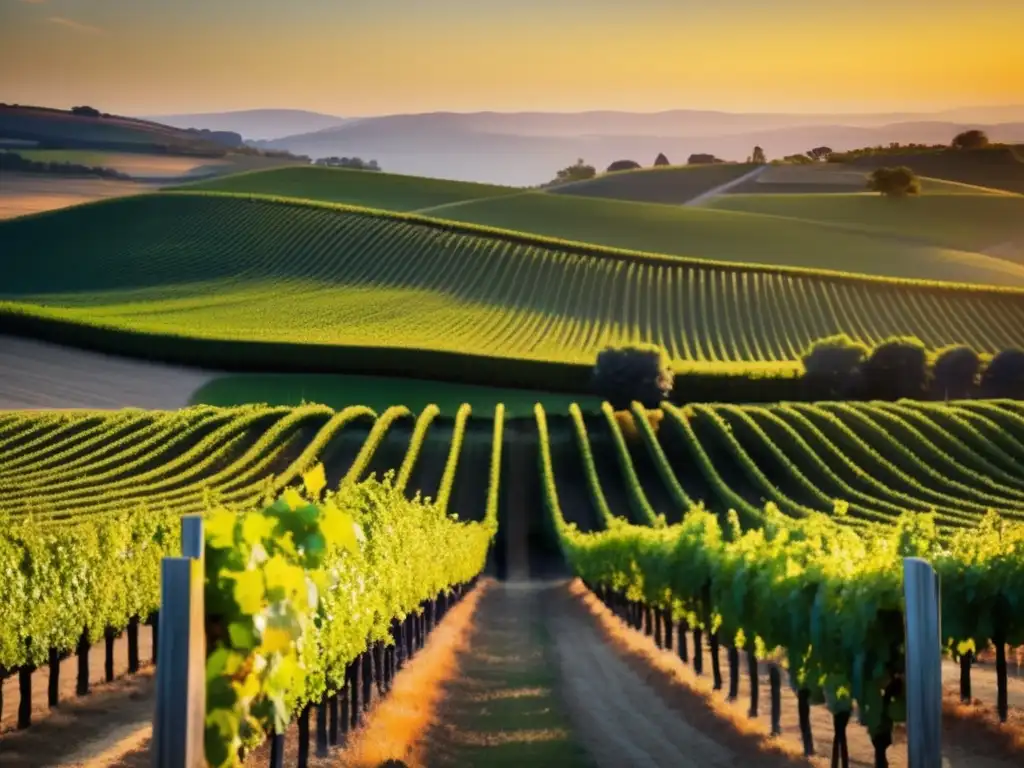 Paisaje de viñedo al atardecer con ordenadas filas de uvas y un edificio de piedra