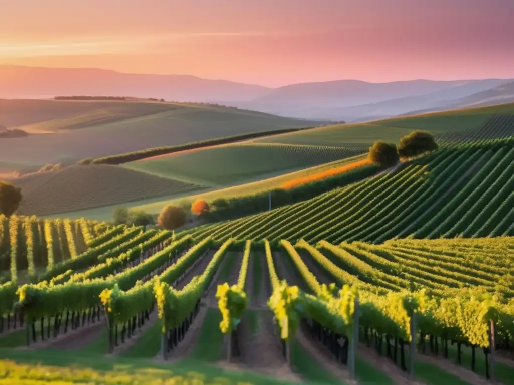 Paisaje de viñedo al atardecer con prácticas sostenibles en regiones vinícolas emergentes