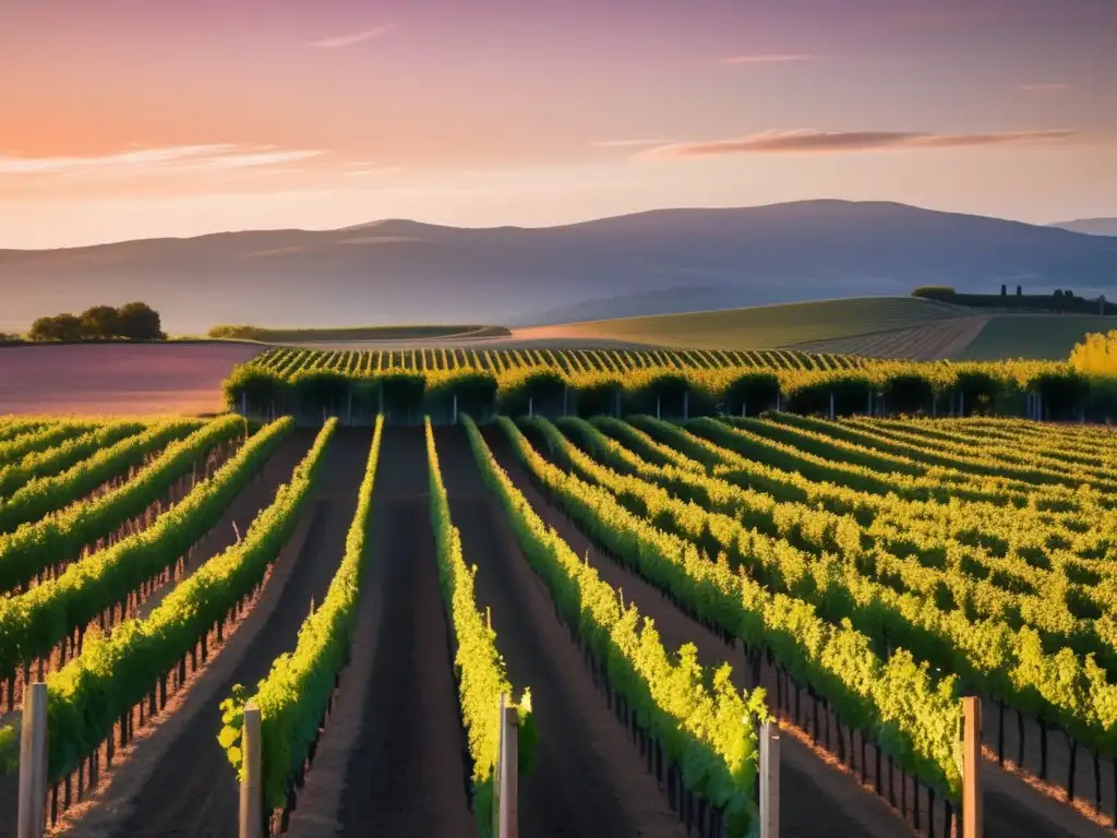 Paisaje de viñedo al atardecer con sombras largas, cielo cálido y tranquilidad - Historias de vino para vender