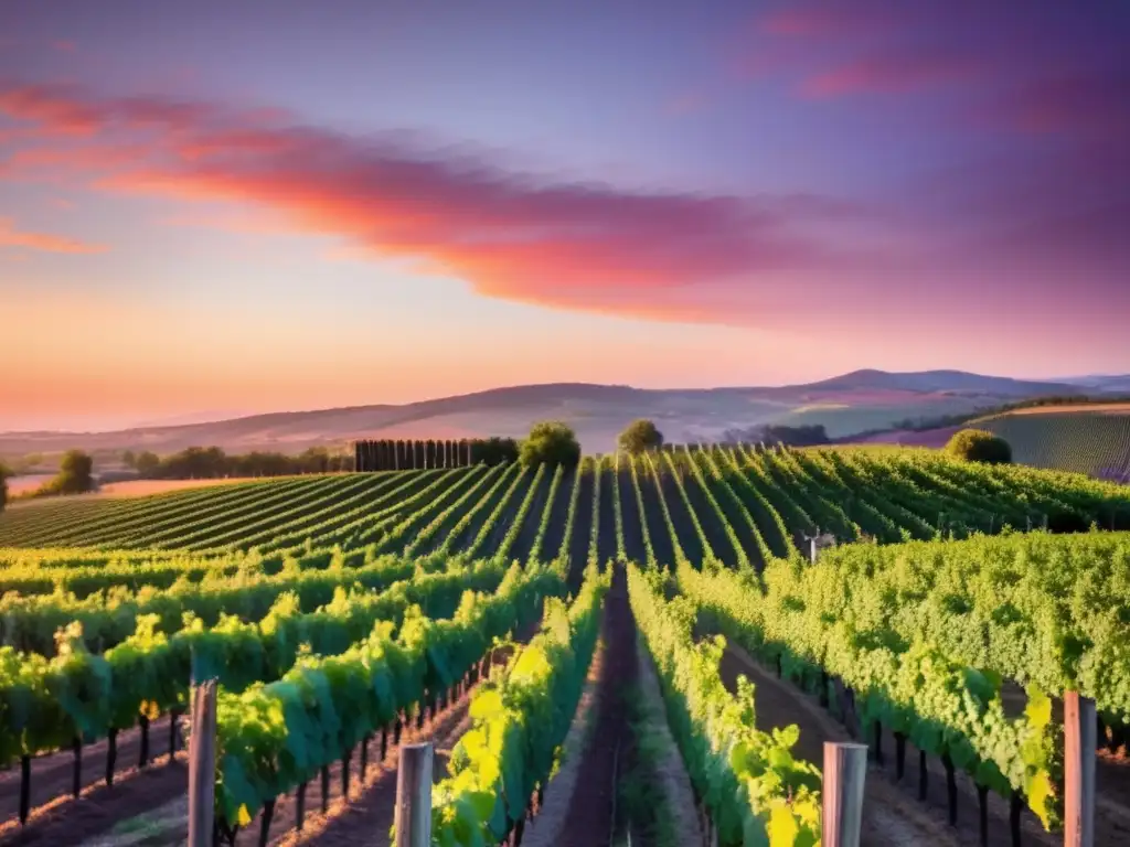 Paisaje de viñedo al atardecer: sostenibilidad en vinos veganos