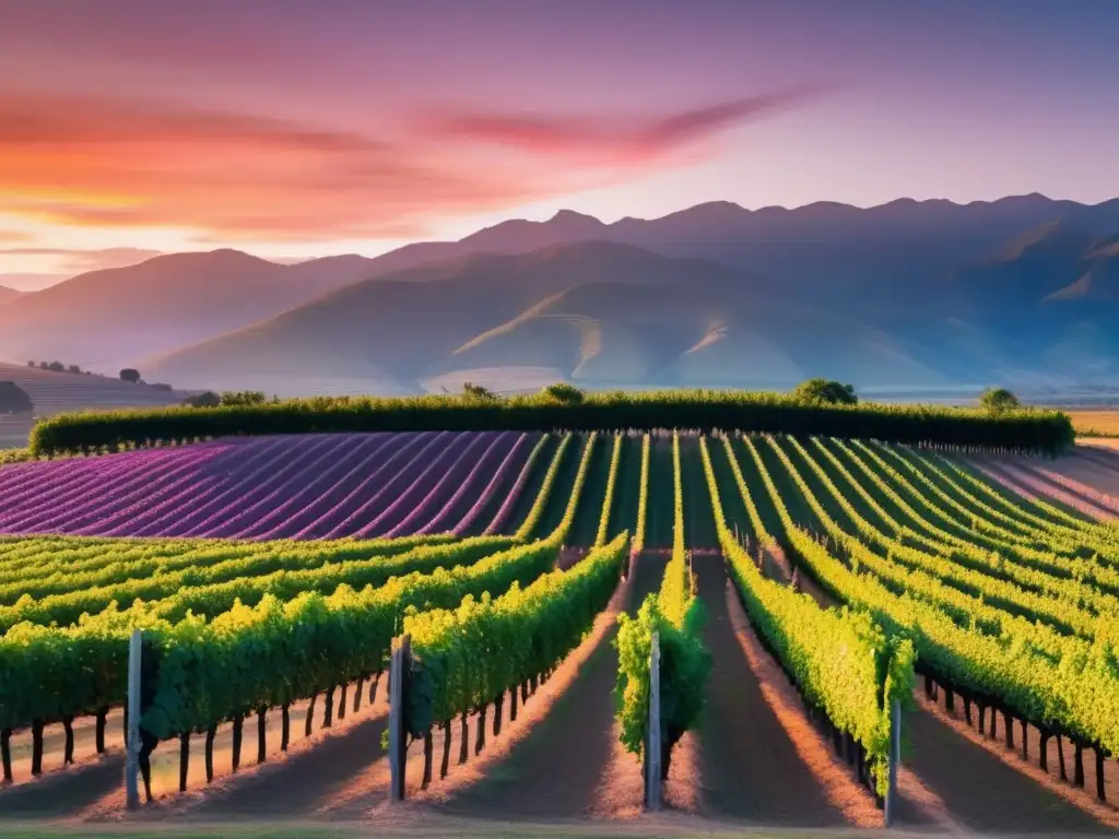 Paisaje de viñedo al atardecer en América del Sur - Variedades de uva emblemáticas en la región