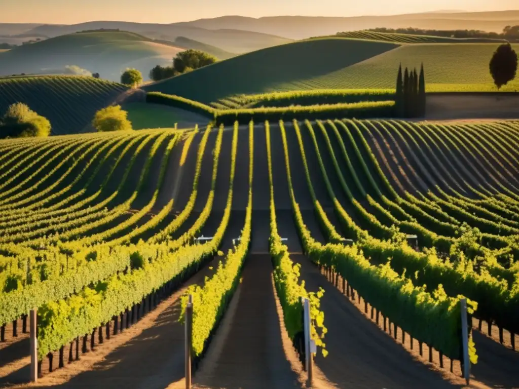 Paisaje de viñedo en 8K, bañado por la cálida luz dorada del sol, con patrones geométricos y uvas maduras