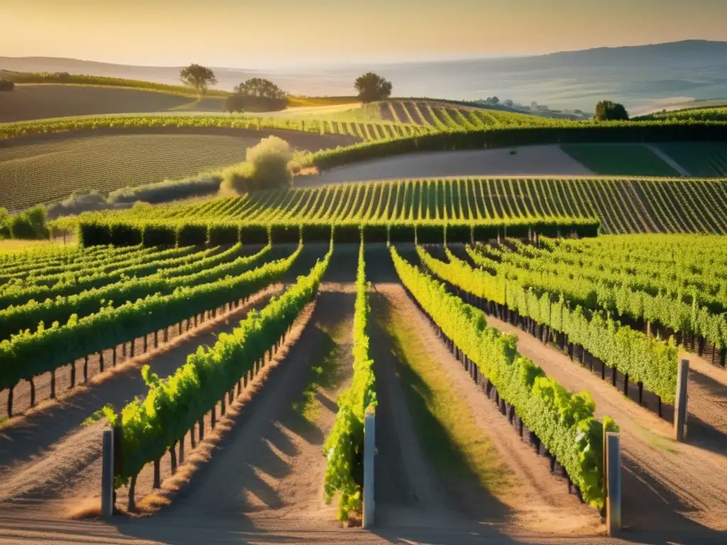 Paisaje de viñedo bañado en luz dorada, con filas de uvas verdes vibrantes que se extienden hacia el horizonte