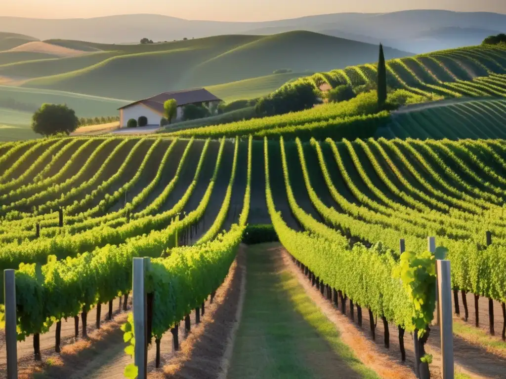 Paisaje de viñedo al amanecer, resalta la belleza de una bodega de vino orgánico