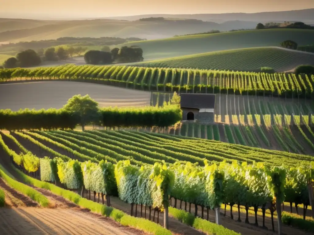 Paisaje de viñedo dorado y sereno, mejorando expresión uva maceración carbónica