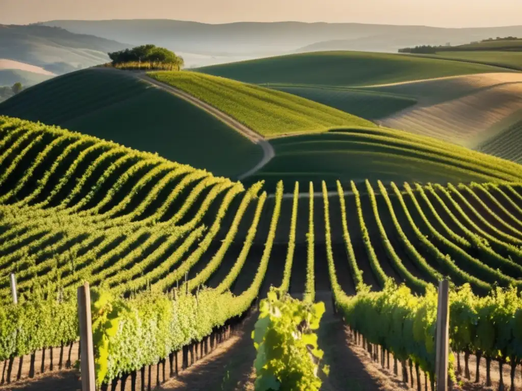 Paisaje de viñedo, con filas de viñas y colinas verdes